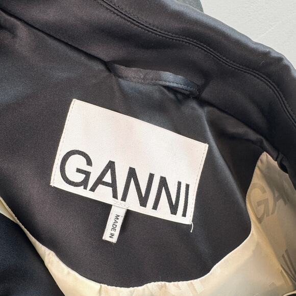 GANNI Satin Black Bomber Jacket Long Sleeve Front Button Straight Hem Size 38 - Picture 7 of 10